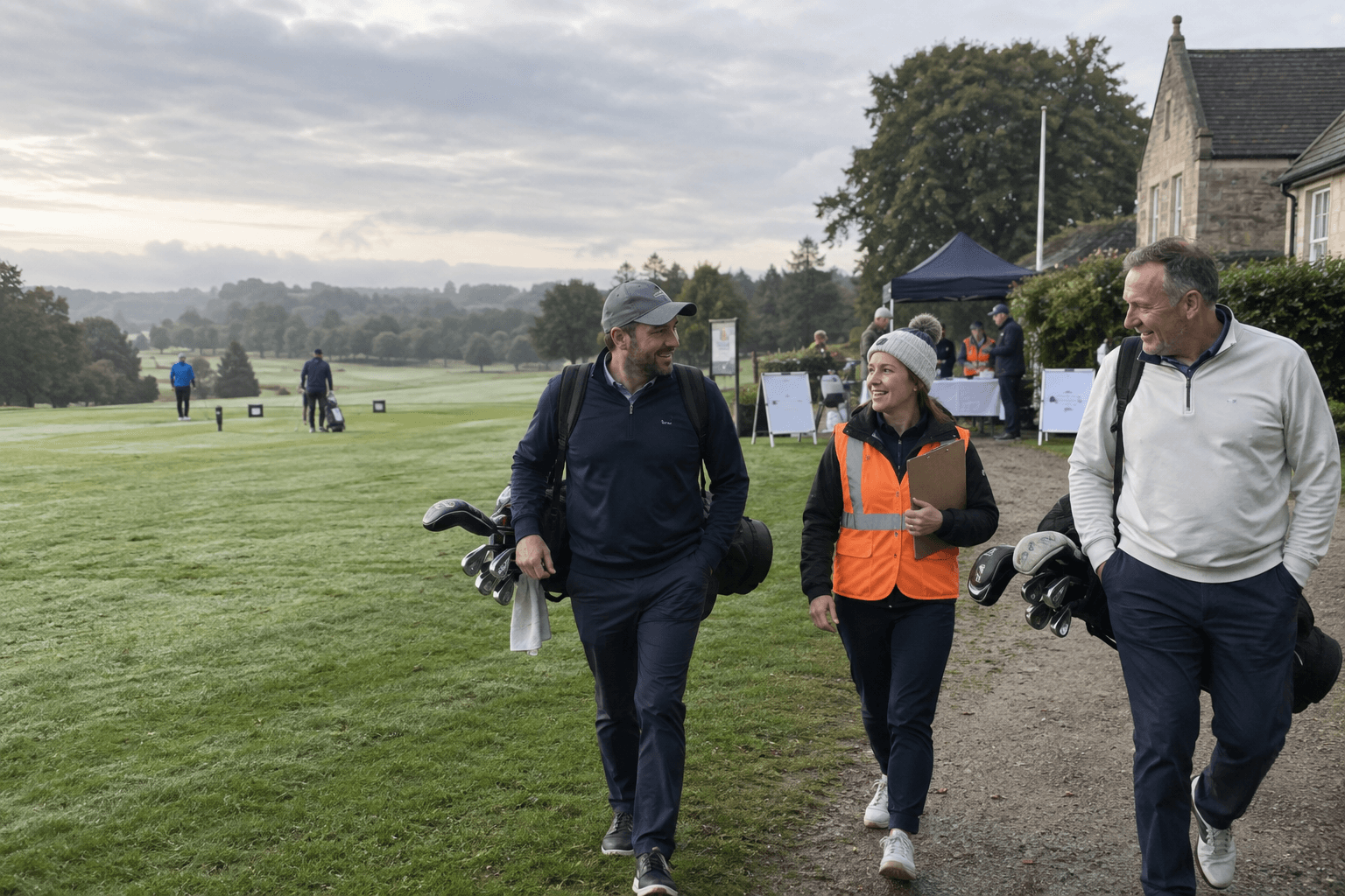 Golfers and a volunteer walking together at a charity golf event